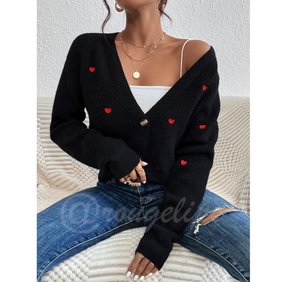 Rouge! Sweaters - Red Hearts Cardigan Black Oversized Long Sleeve, Button Through  Drop Shoulder